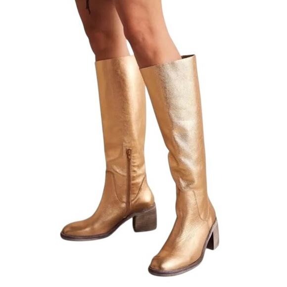 Free People Metallic Gold Essential Tall Slouch Leather Boot Spain Women 9 - Picture 1 of 14